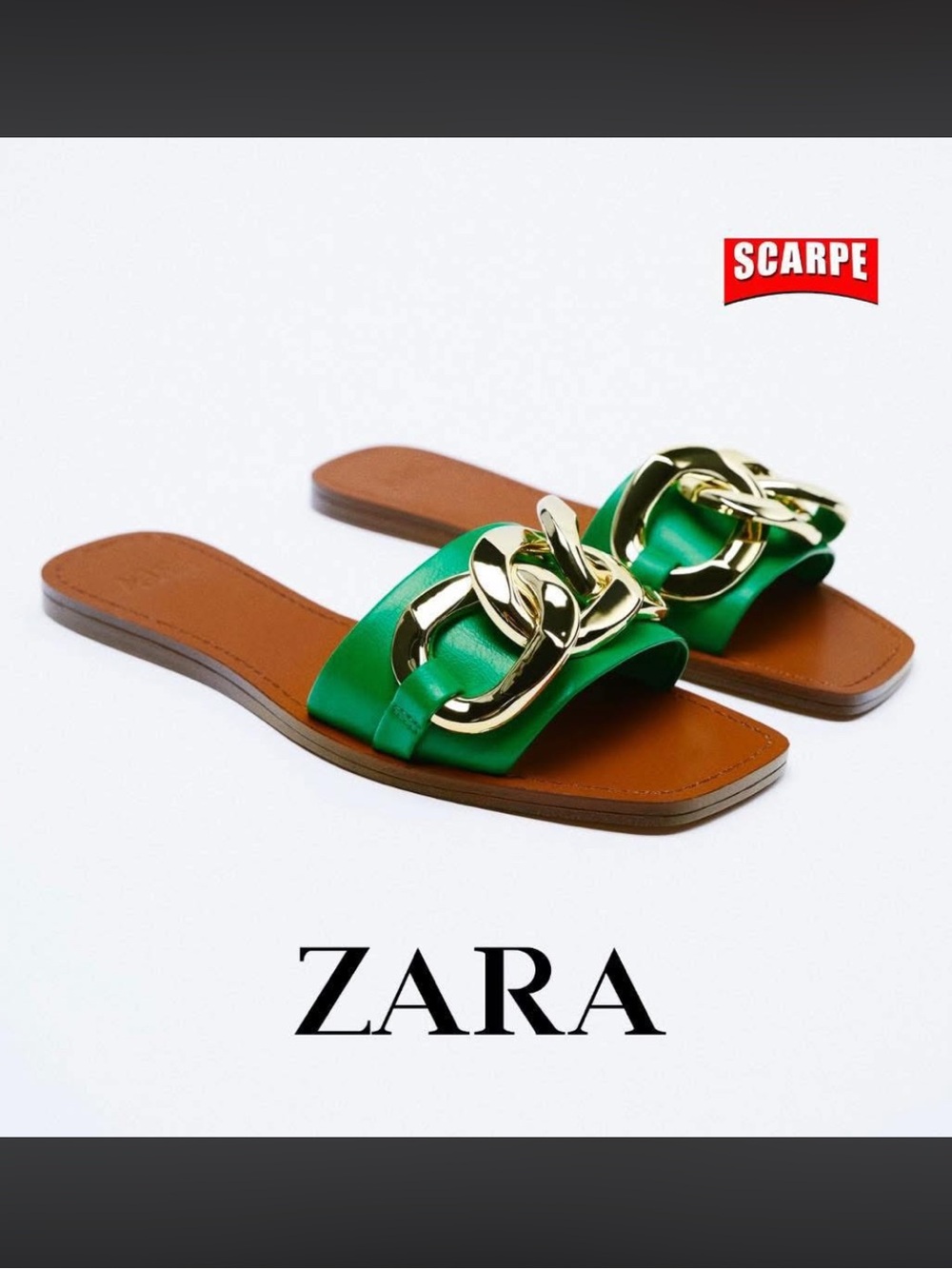 ZARA Green Leather & vinyl clear Slide Sandals with Gold Chain